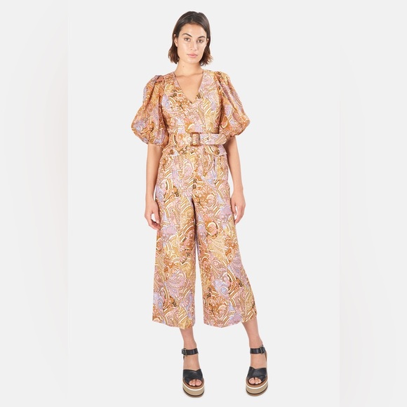 Zimmermann Brown Concert Belted Paisley-print Linen And Ramie Jumpsuit Size AU 1 - Picture 3 of 12